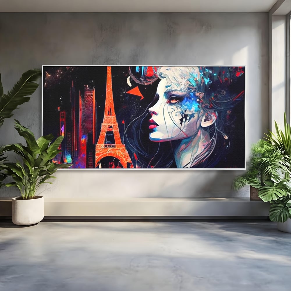 Tablou canvas cu tablou canvas cu femeie si turnul eiffel, in rama de aluminiu argintiu